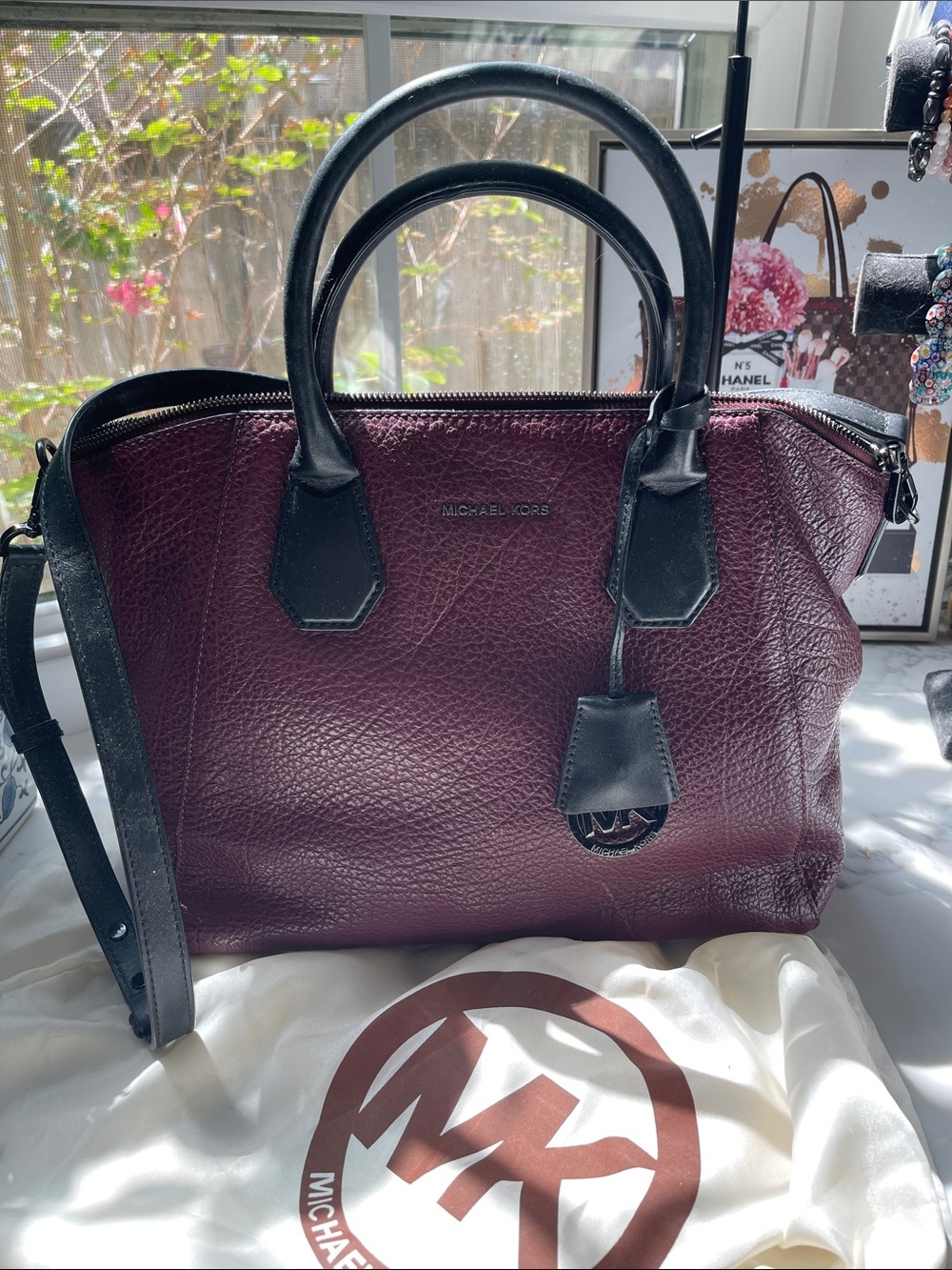 Michael Kors Burgundy Leather Satchel with Black Trim
